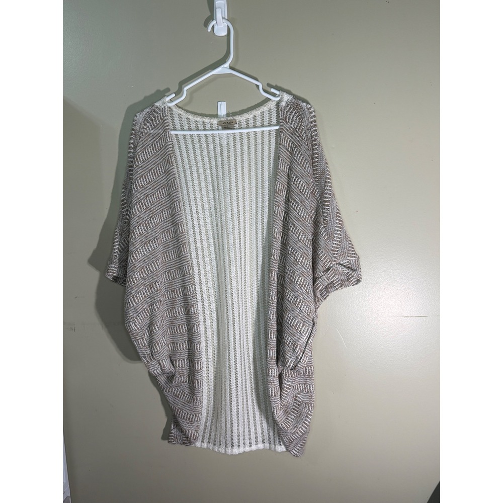 Anama Beige White Crochet Open Front Cocoon Cardigan Sweater Short Sleeve M